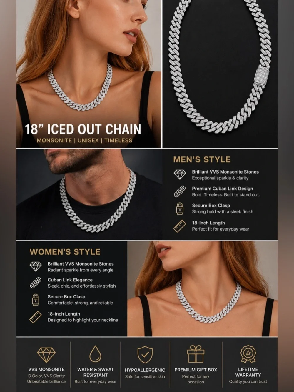 18” Iced Out CubanLink Chain Moissanite VVS Diamond Look Unisex Hip Hop Necklace